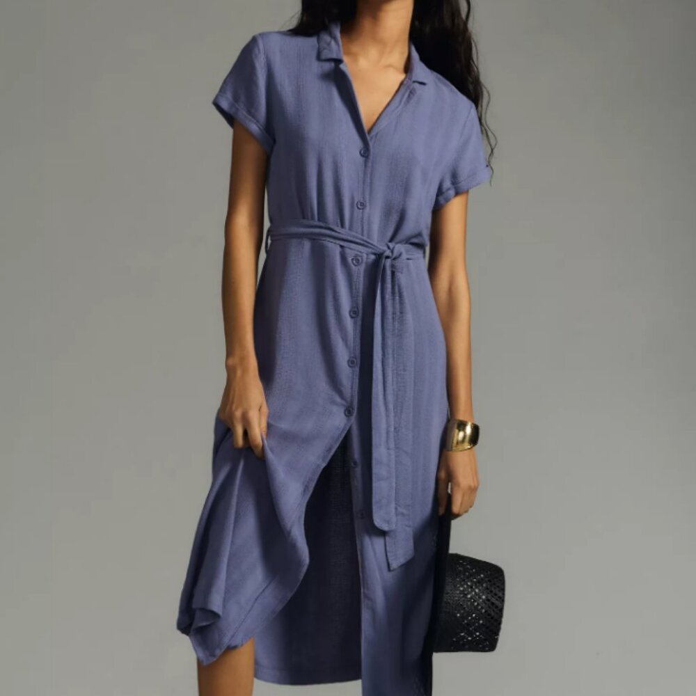 Anthropologie Cloth & Stone Dress Size Medium Blue Buttondown Belted Dress